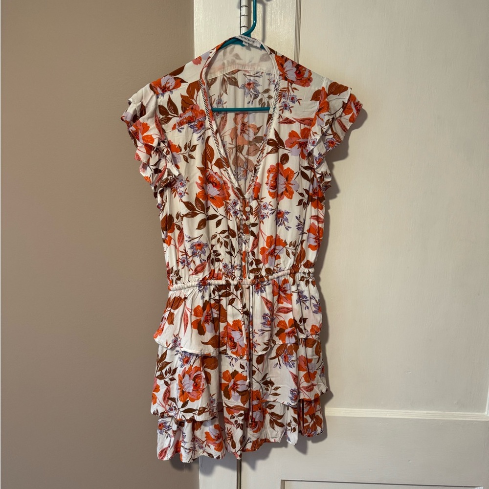 Floral Ruffle Tiered Sundress - White with Orange Floral